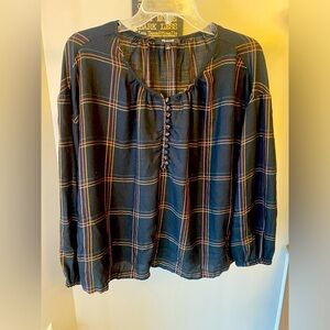 Madewell shirred wool blend peasant blouse in windowpane